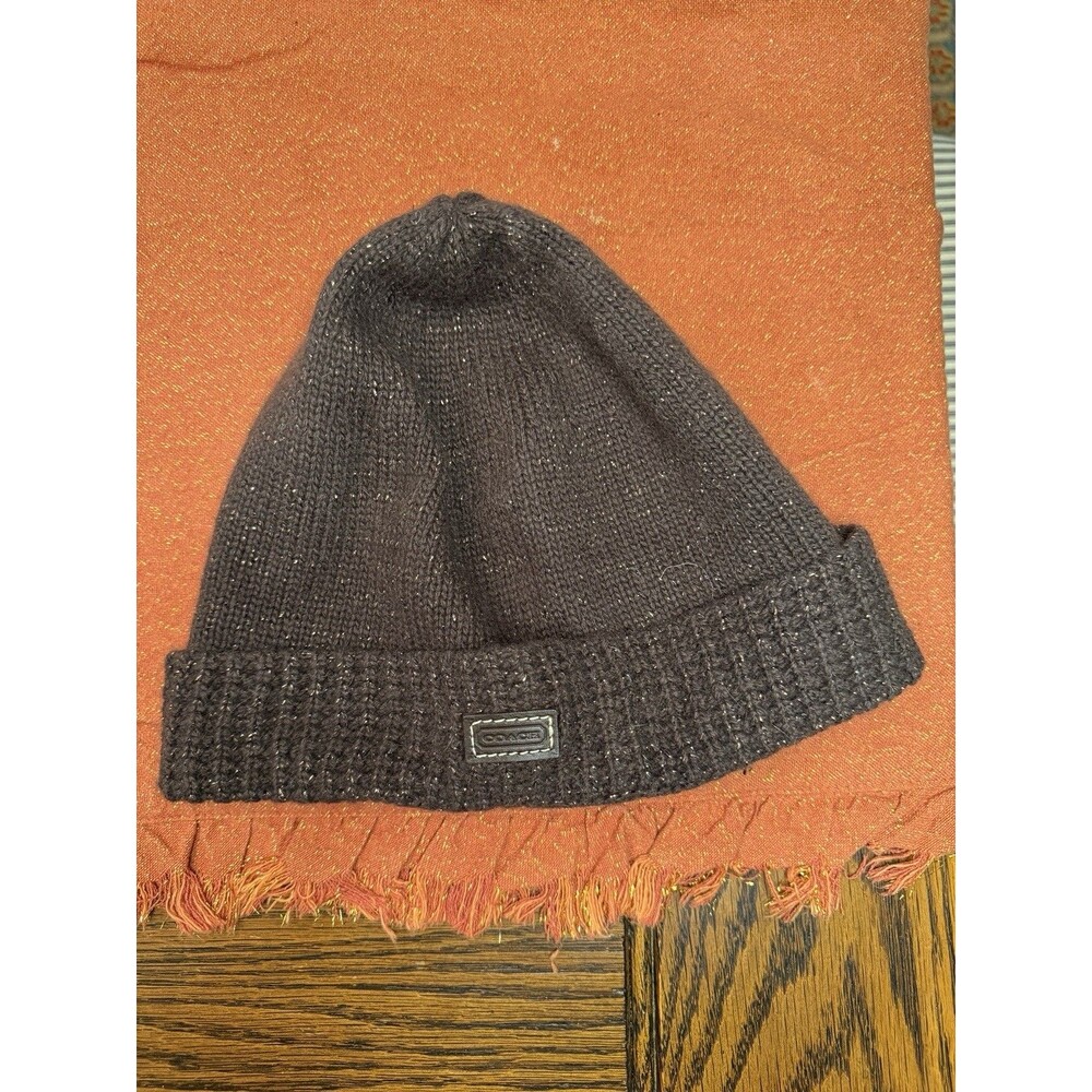 Coach Women’s Wool Cashmere Blend Knit Beanie Hat Brown Speckled O/S Logo Patch